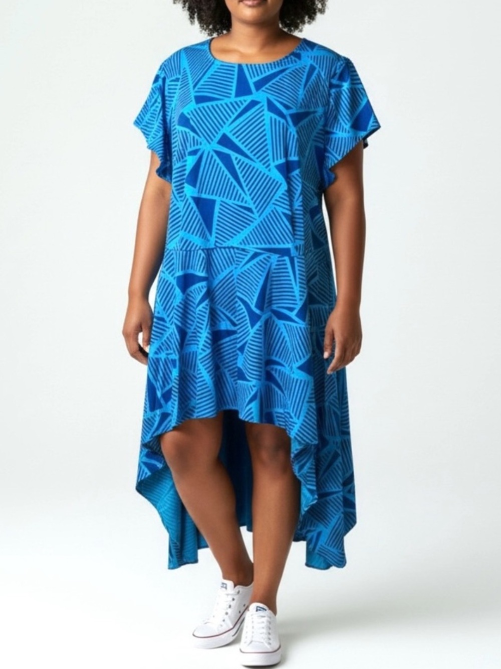 Ashro Blue Geometric Print High-Low Dress Size 26W New